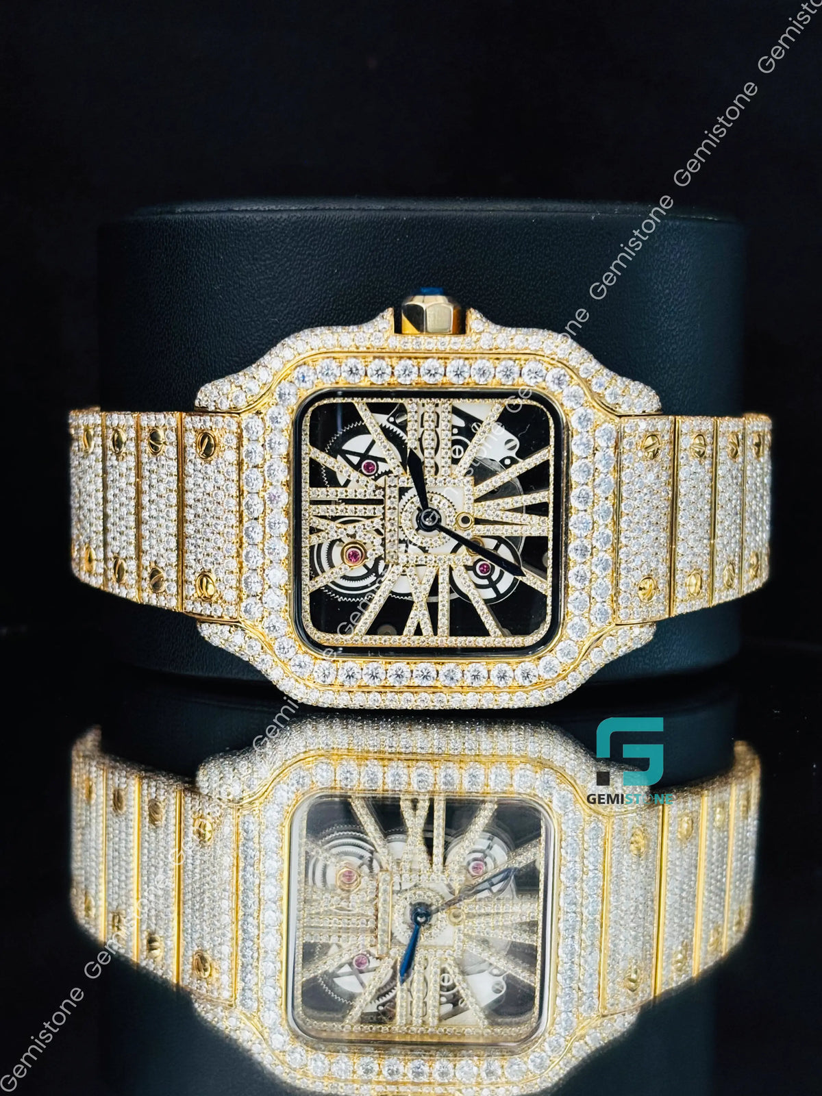 Cartier Yellow Gold Plated Moissanite Skeleton Dial Watch