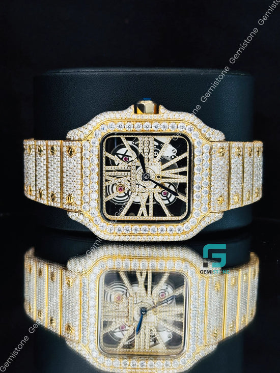 Cartier Yellow Gold Plated Moissanite Skeleton Dial Watch