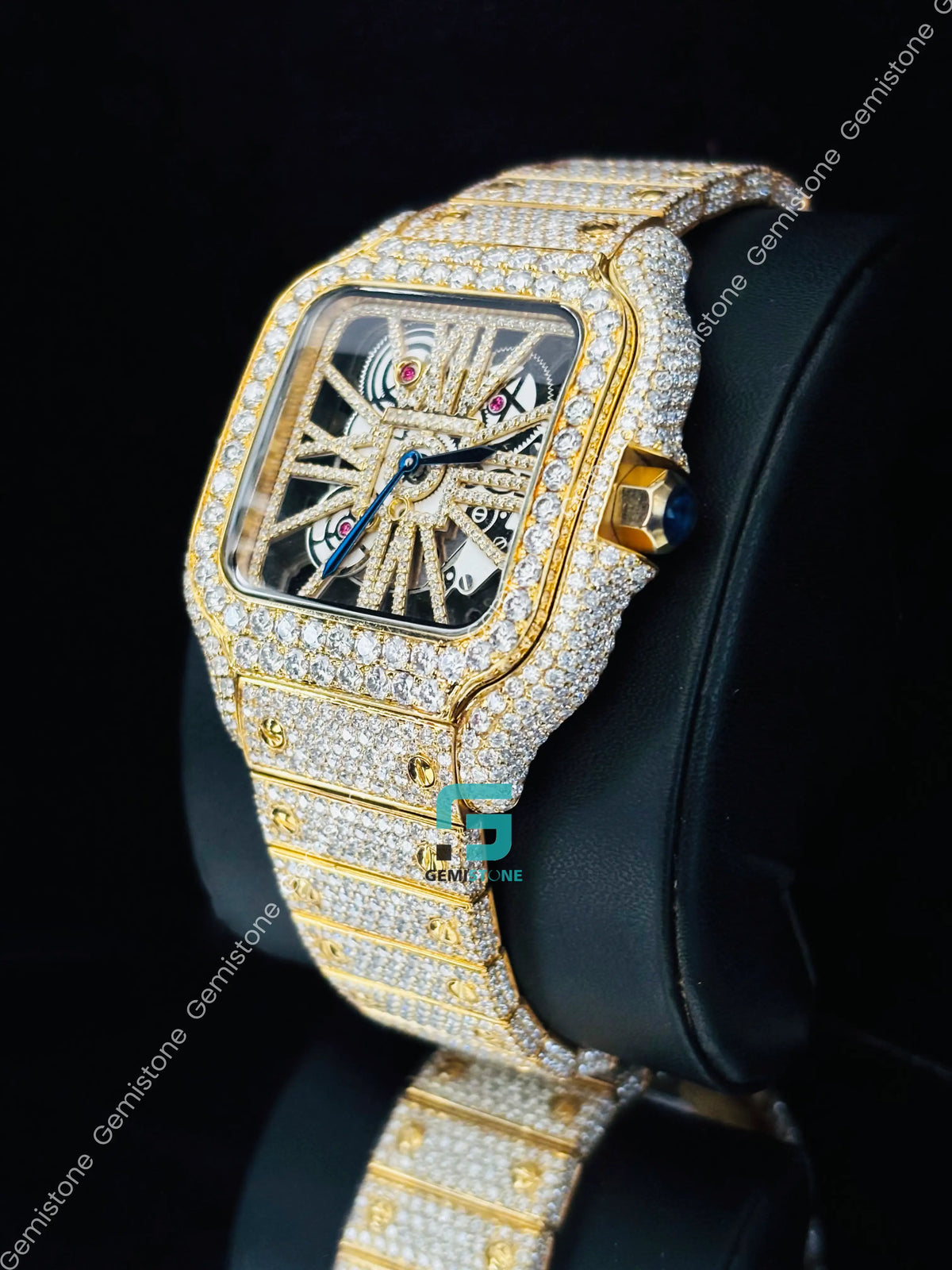 Cartier Yellow Gold Plated Moissanite Skeleton Dial Watch For Men