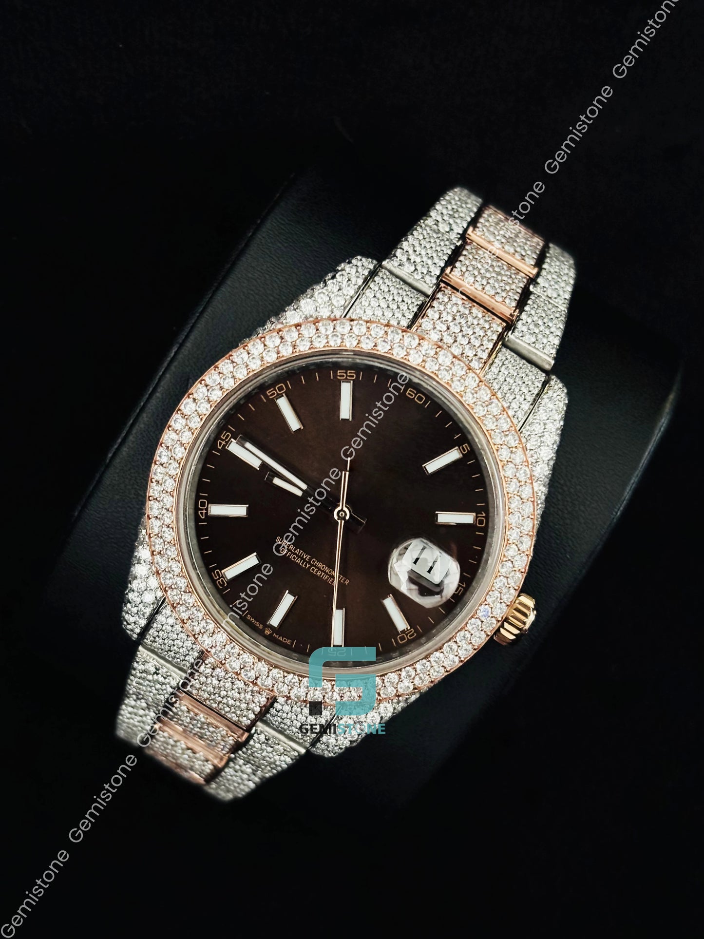 Chocolate Dial White Stick Moissanite Rolex Watch