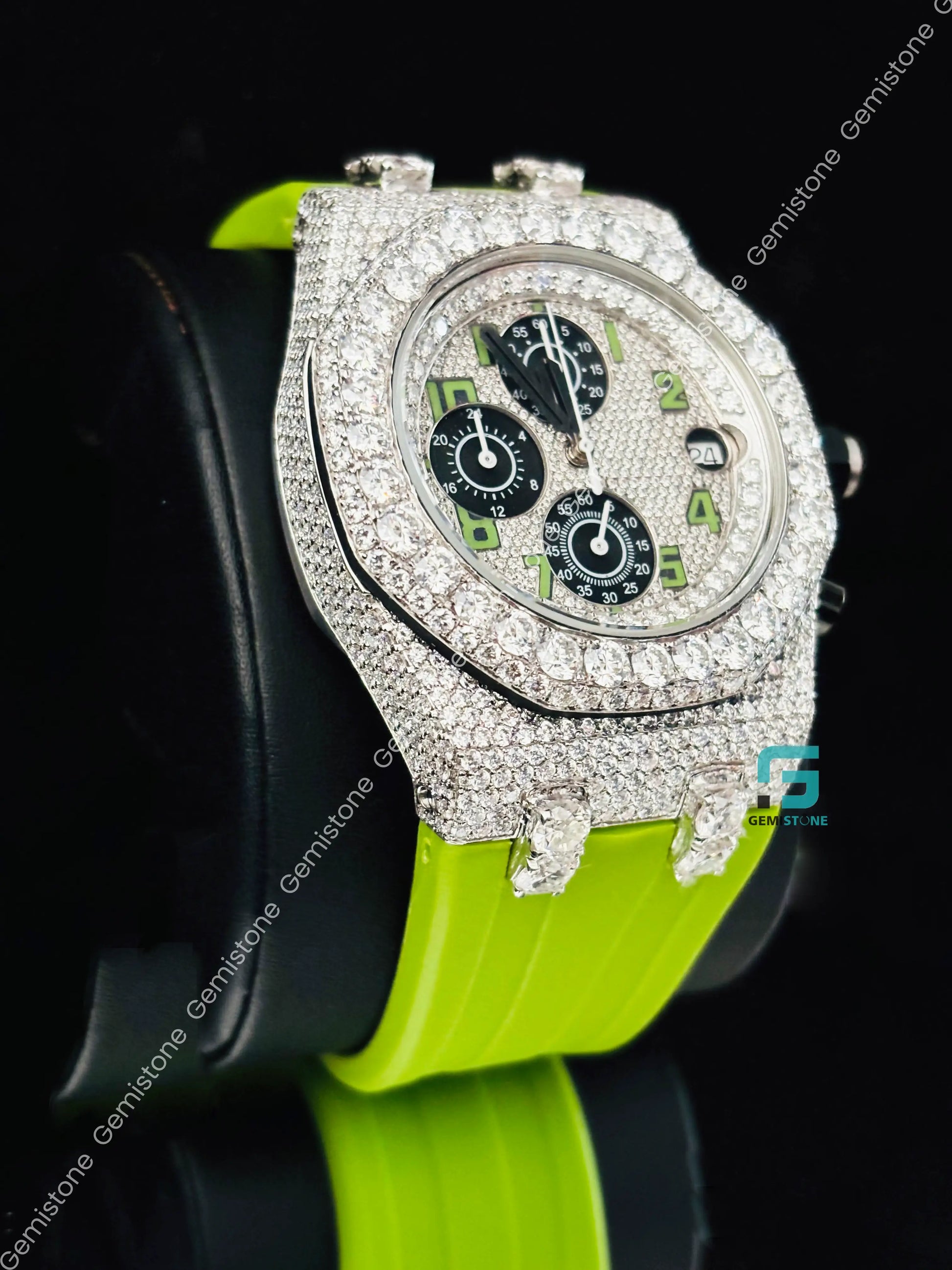 Chronograph Moissanite Diamond Green Silicon Starp Watch