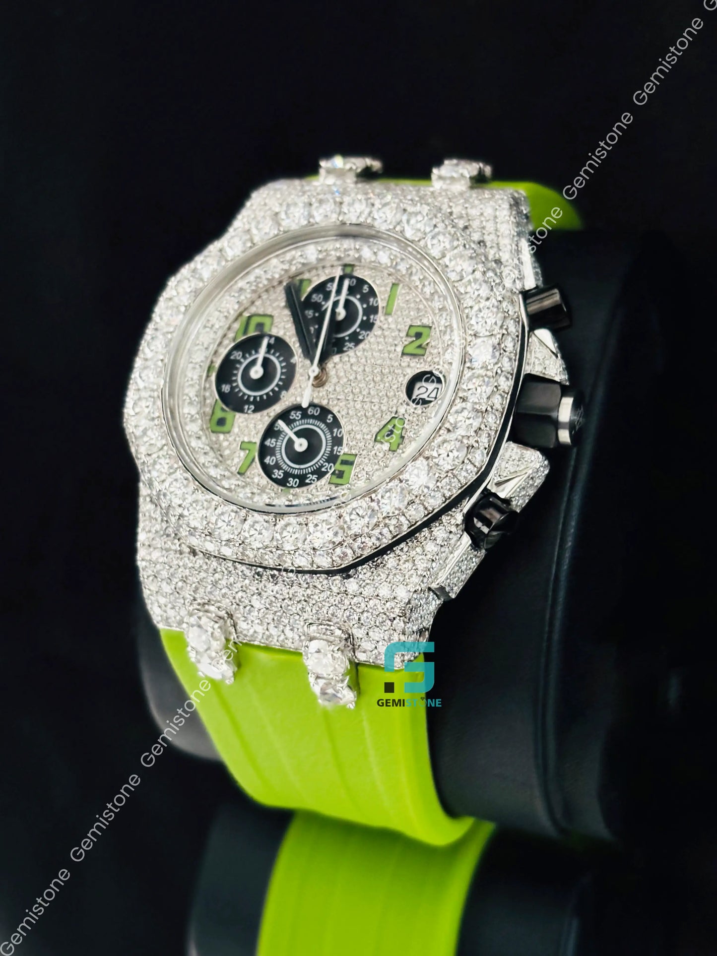 Chronograph Moissanite Diamond Green Silicon Starp Watch For Men