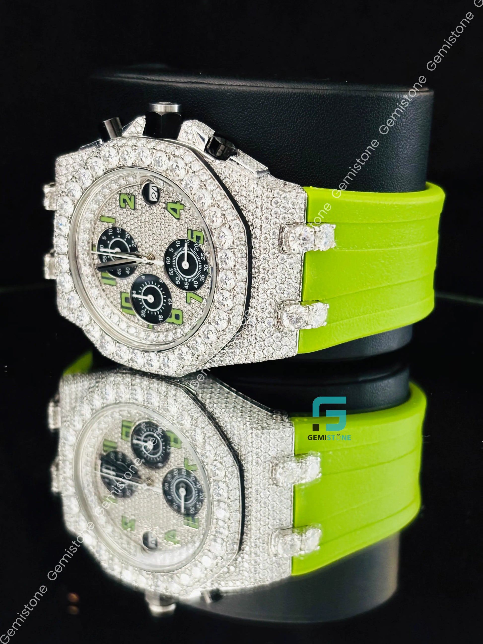 Chronograph Moissanite Green Silicon Starp Iced Out Watch