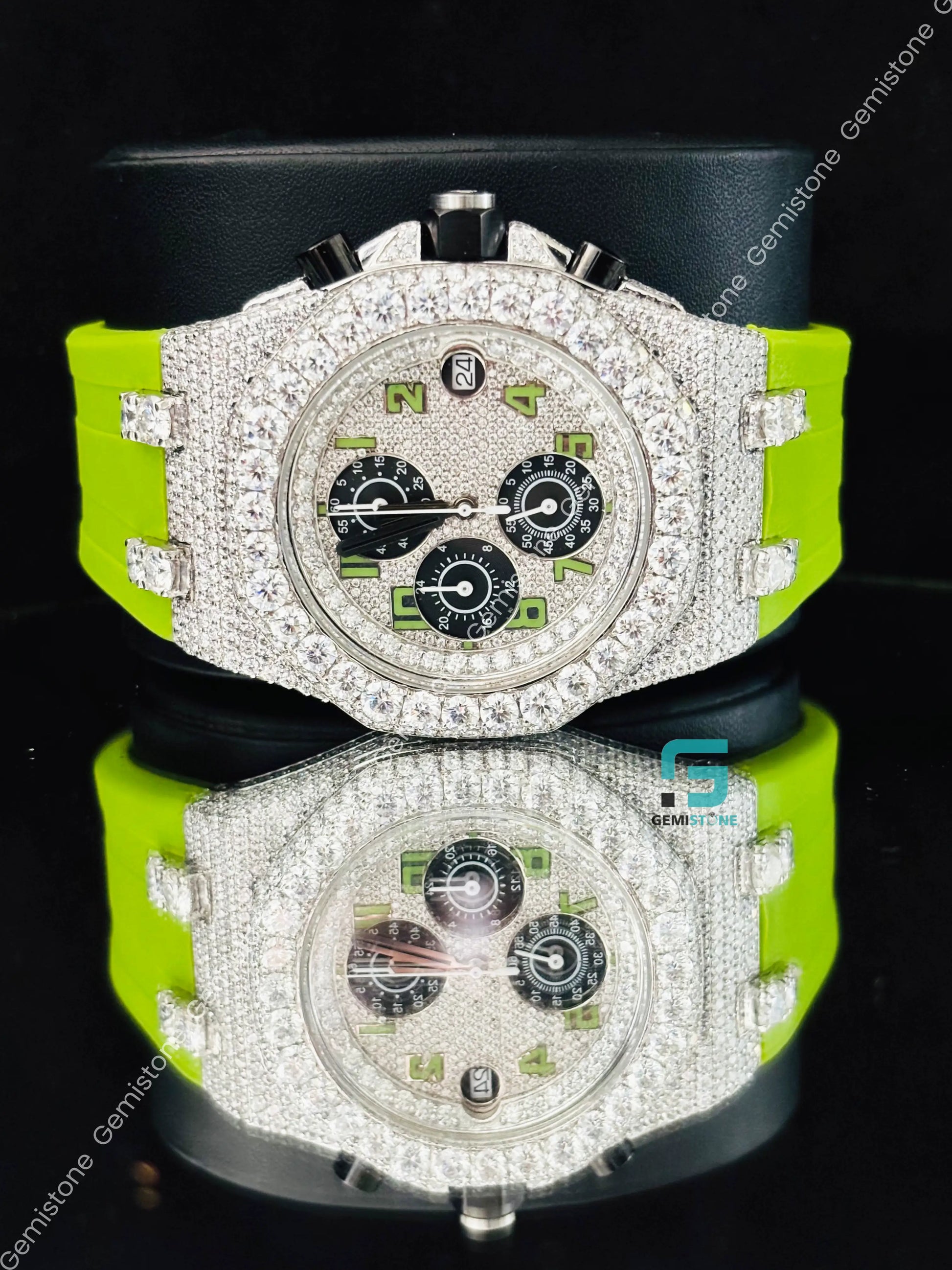 Chronograph Moissanite Green Silicon Starp Iced Out Watch For Men