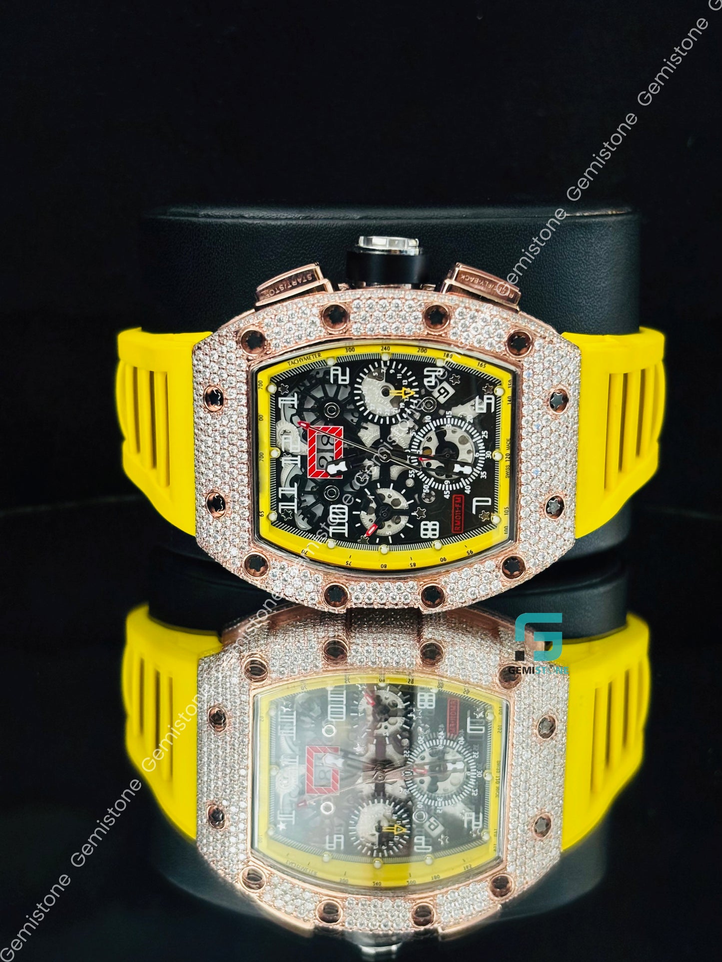Chronograph Moissanite Yellow Silicon Strap Studded Watch