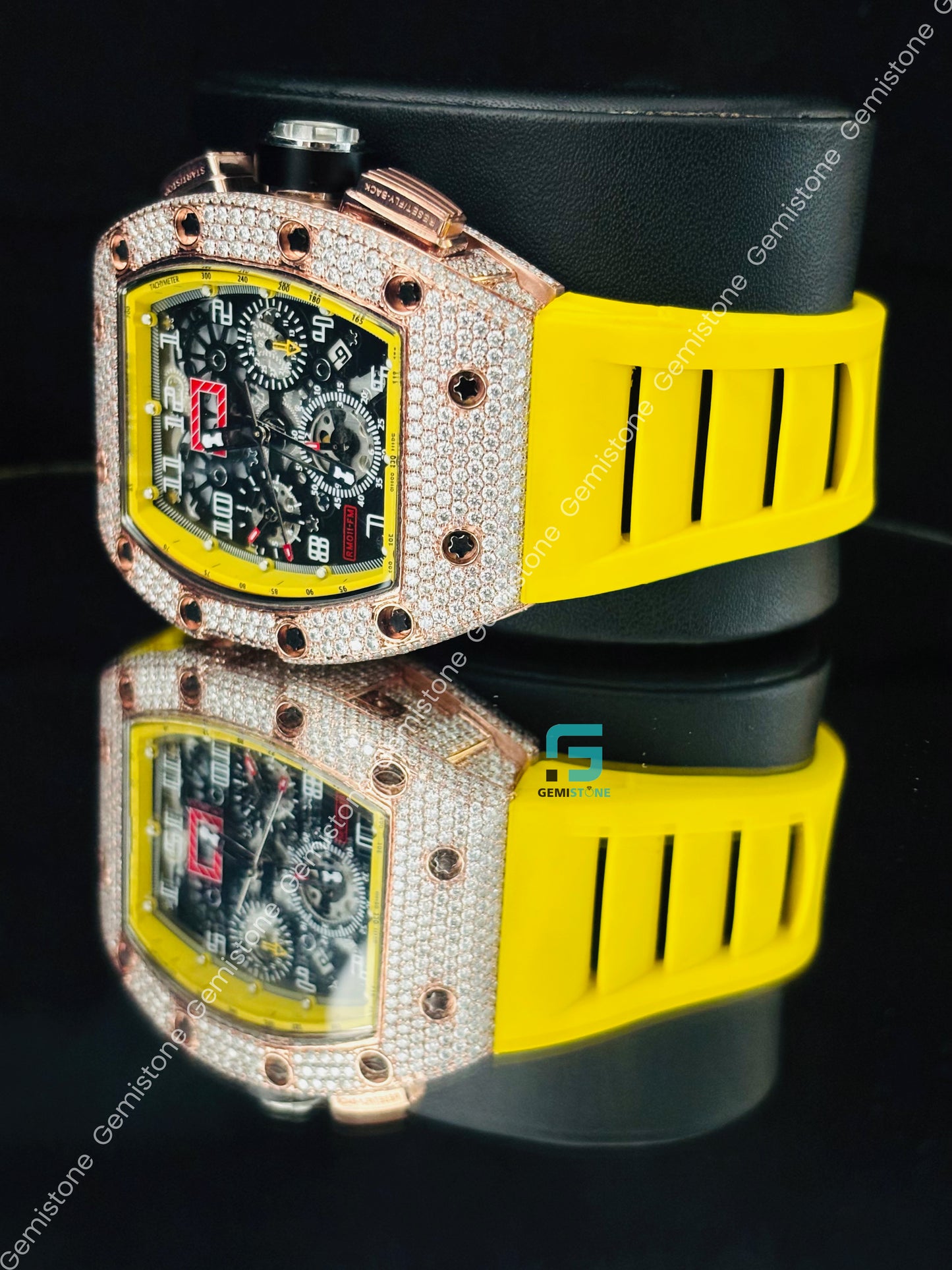 Chronograph Moissanite Yellow Silicon Strap Studded Watch For Men
