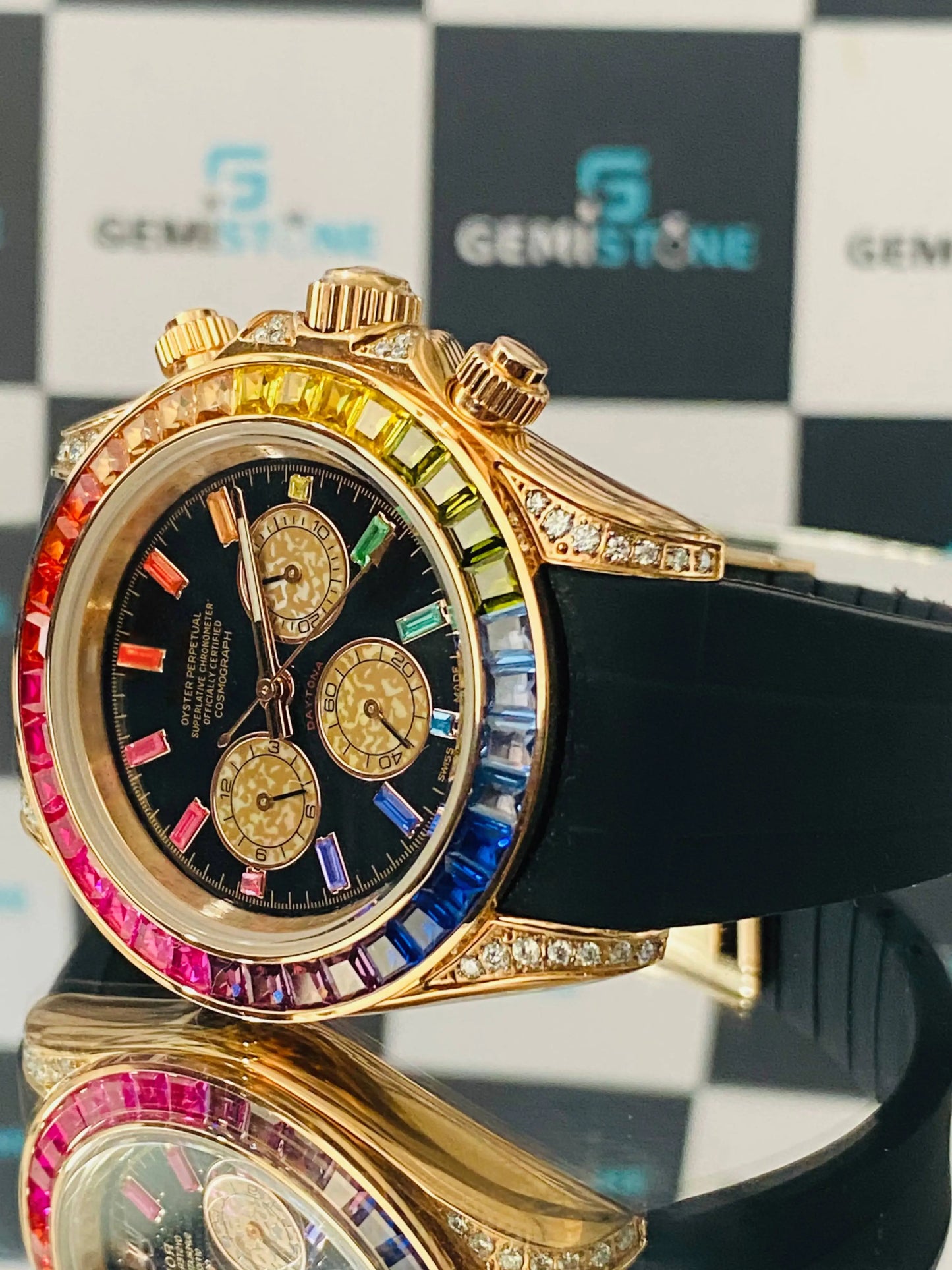 Black Strap With 41MM Colorfull Baguette Bezel Dial Moissanite Watch