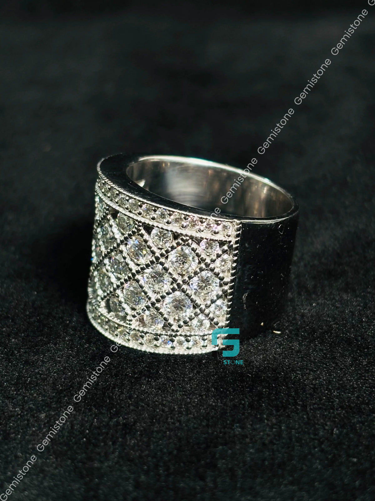 Iced Out Criss Cross Moissanite Milgrain Hip Hop Ring In 925 Silver