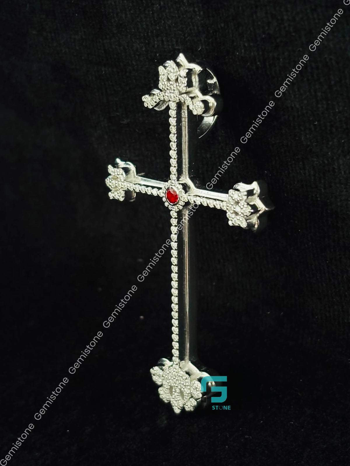 925 Silver Custom Ruby Jesus Cross Moissanite Charm Pendant