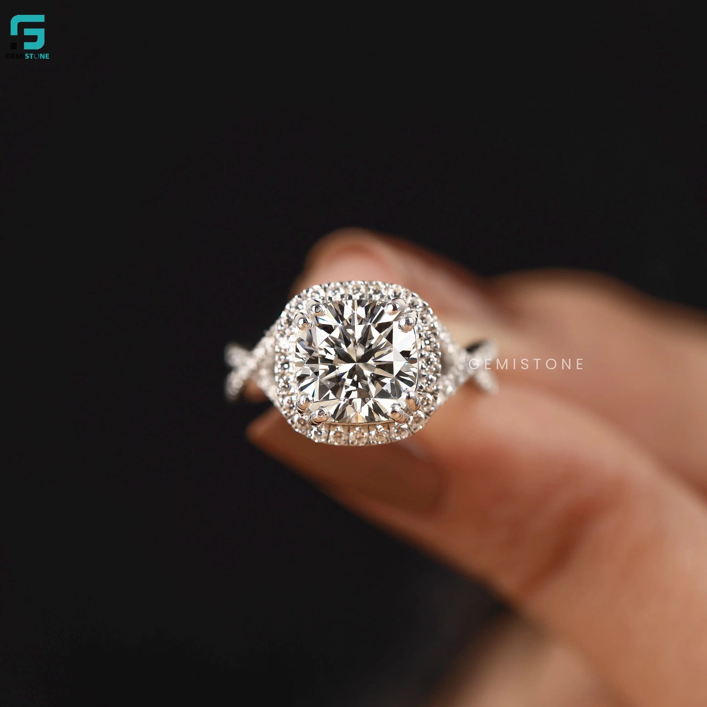 Cushion Cut Halo With Twisted Band Lab Diamond Ring