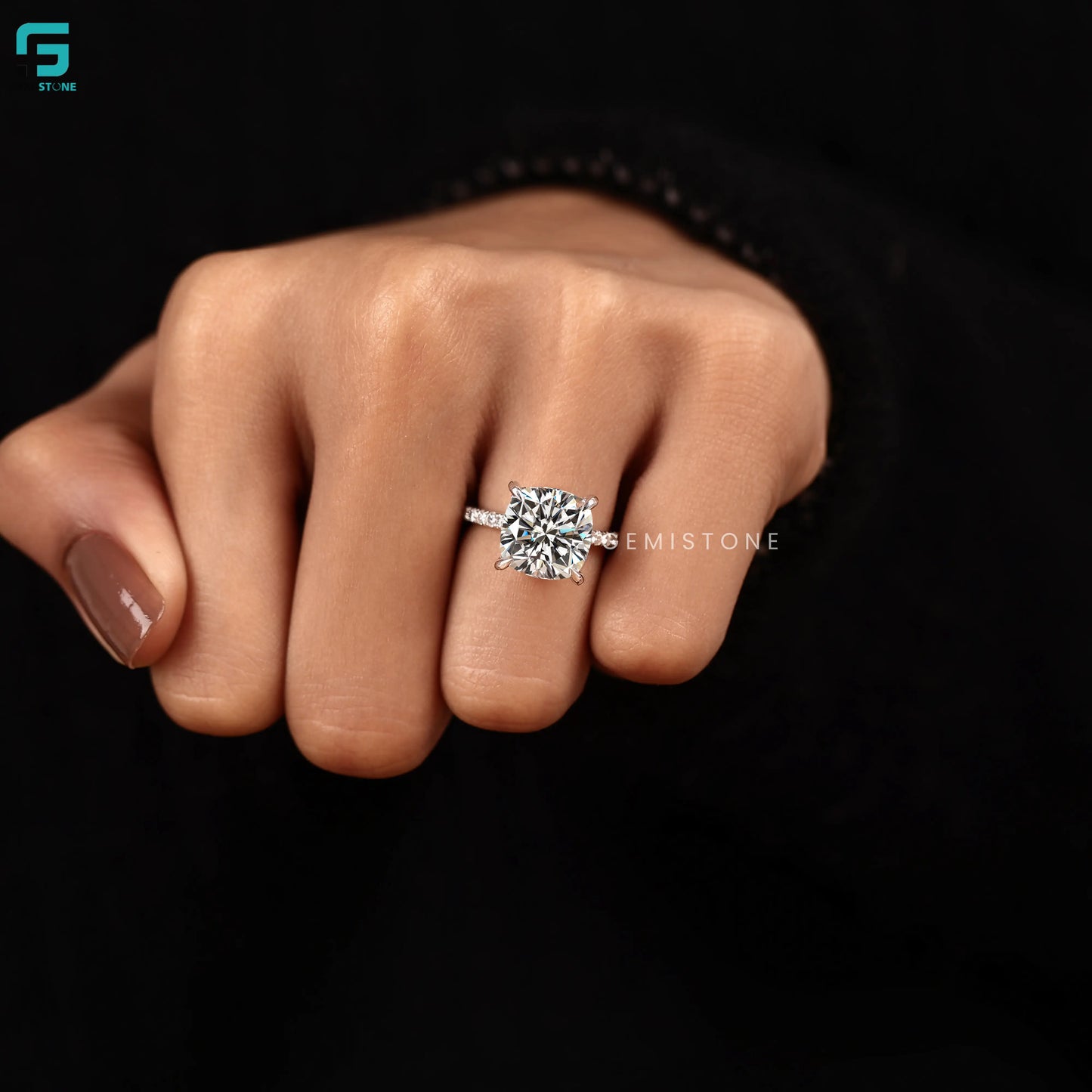 Hidden Halo Lab Diamond Cushion Cut Pave Band Engagement Ring