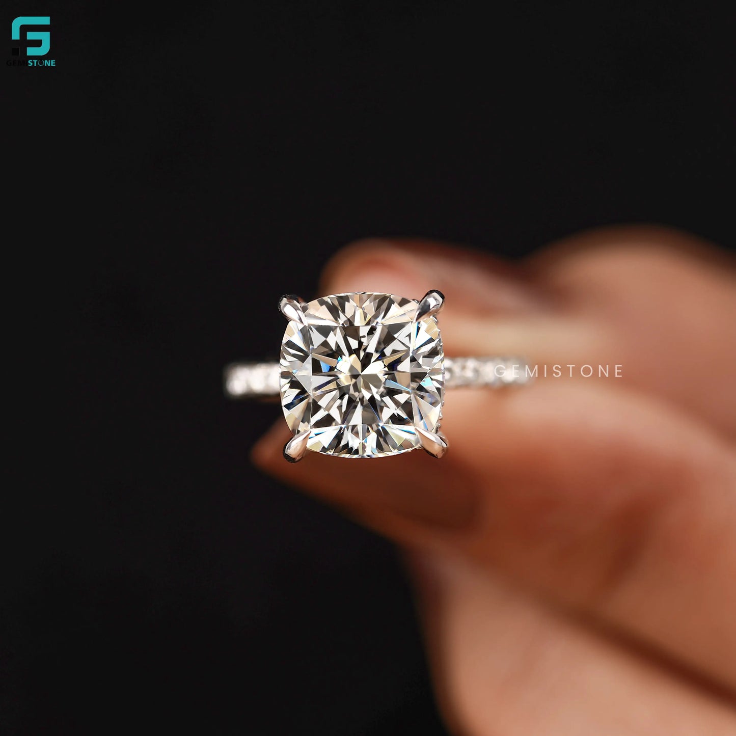 Hidden Halo Lab Diamond Cushion Cut Pave Band Engagement Ring