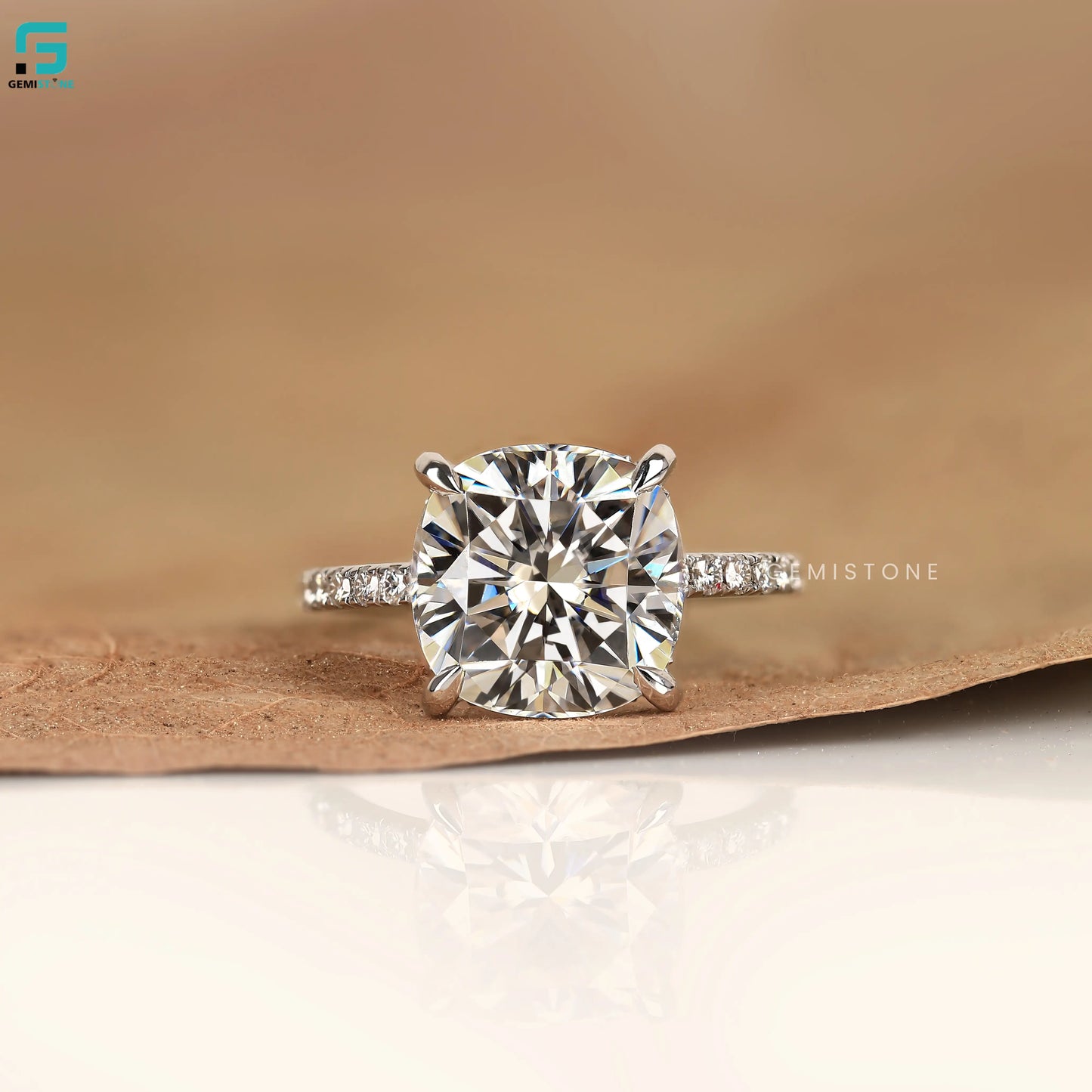 Hidden Halo Lab Diamond Cushion Cut Pave Band Engagement Ring