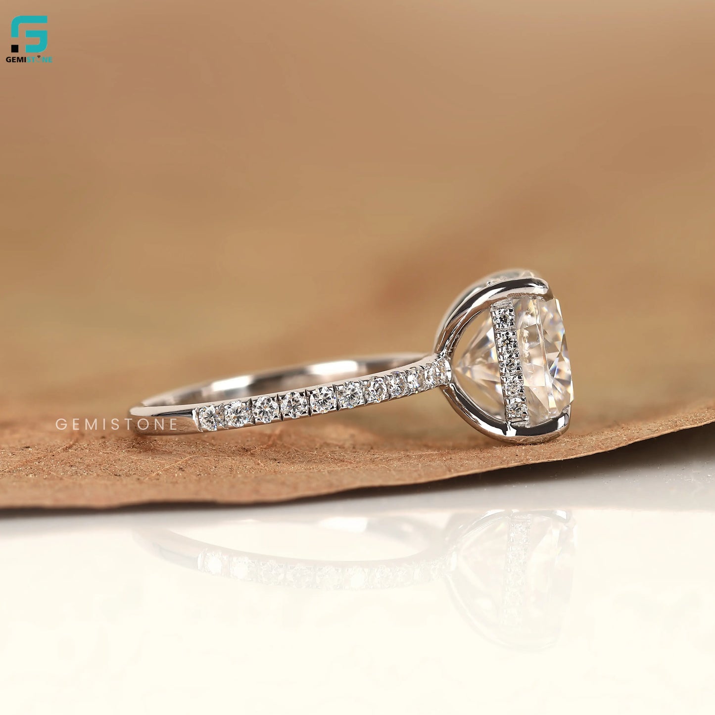 Hidden Halo Lab Diamond Cushion Cut Pave Band Engagement Ring