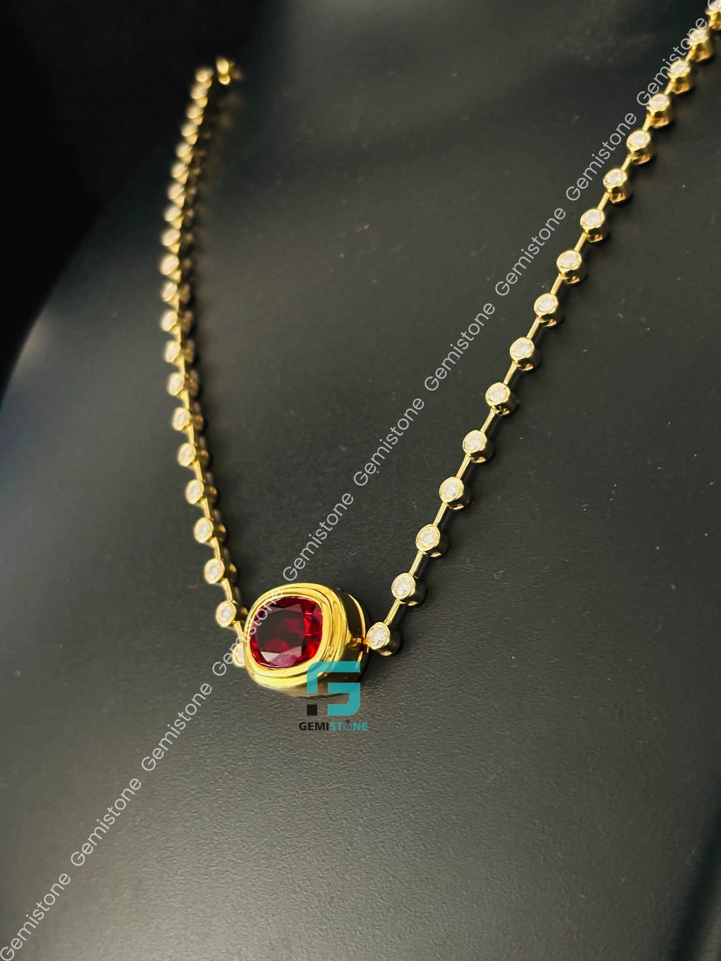 Red Rubby Cushion Cut Bezel Set Moissanite Pendant Necklace
