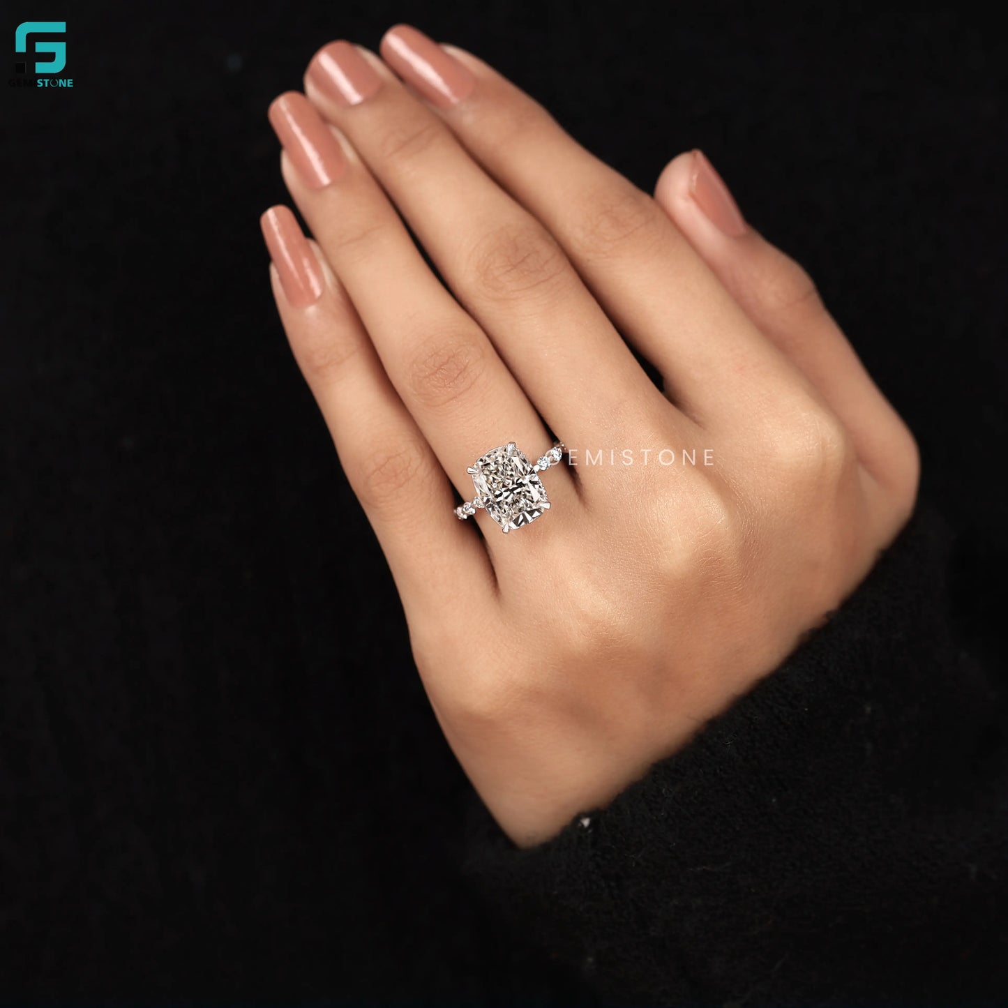 Cushion Cut Round Pave Band Ring For Women