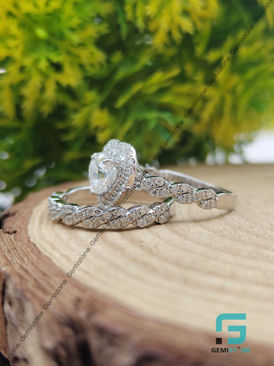 Vintage Style Infinity Band Moissanite Diamond Heart Shaped Bridal Set Wedding Ring
