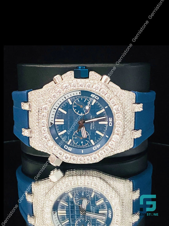 Men's Bezel Dial Adsorbing Royal Blue Silicon Strap Hip Hop Moissanite Studded Watch
