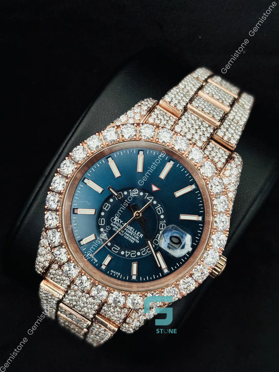 Dark Blue Dial White Bar Sky Dweller Moissanite Watch