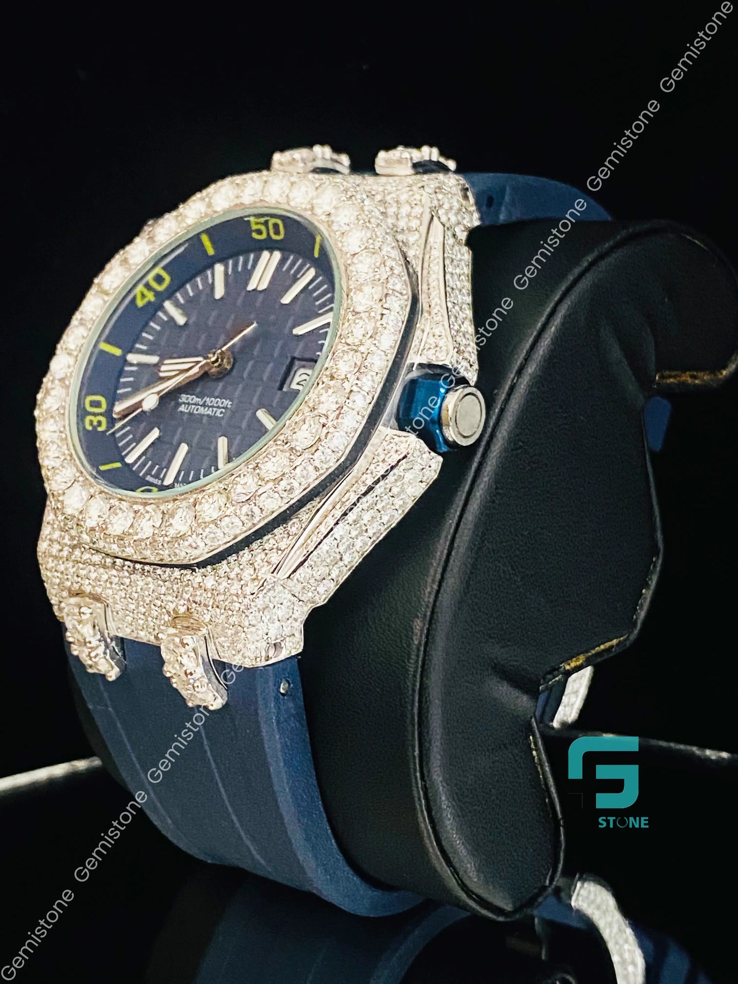 Dark Royal Blue Silicon Rubber Strap Bezel Dial Moissanite Diamnod Watch