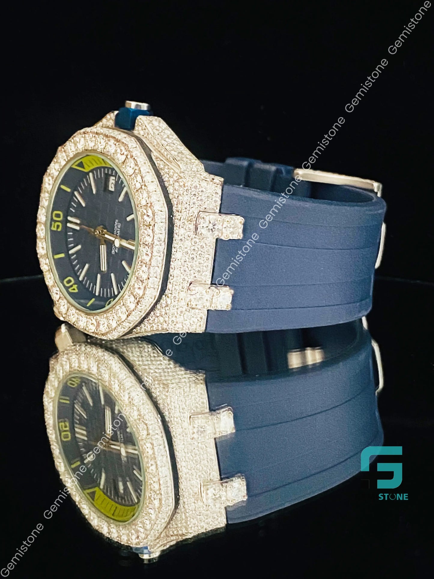 Dark Royal Blue Silicon Rubber Strap Bezel Dial Moissanite Diamnod Watch