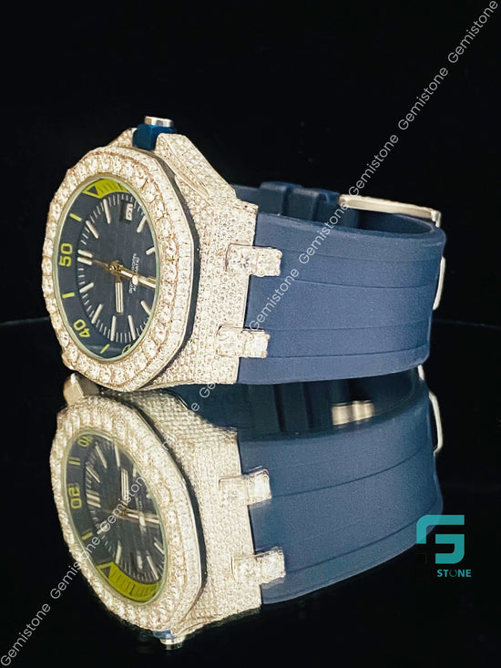 Dark Royal Blue Silicon Rubber Strap Bezel Dial Moissanite Diamnod Watch
