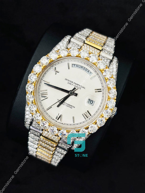 Dual Tone White Dial Roman Number Moissanite Watch