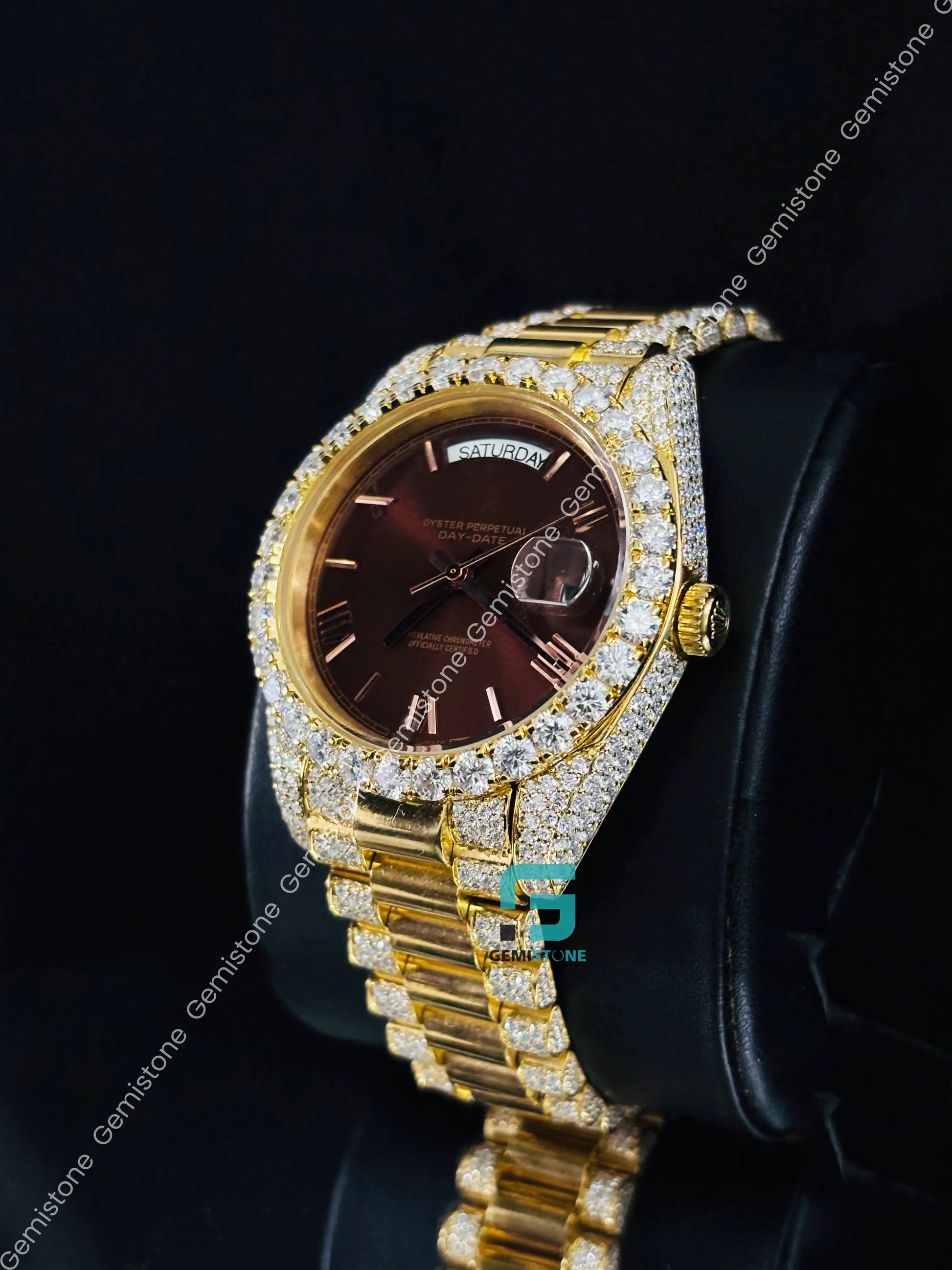 Day Date Moissanite Brown Dial Watch