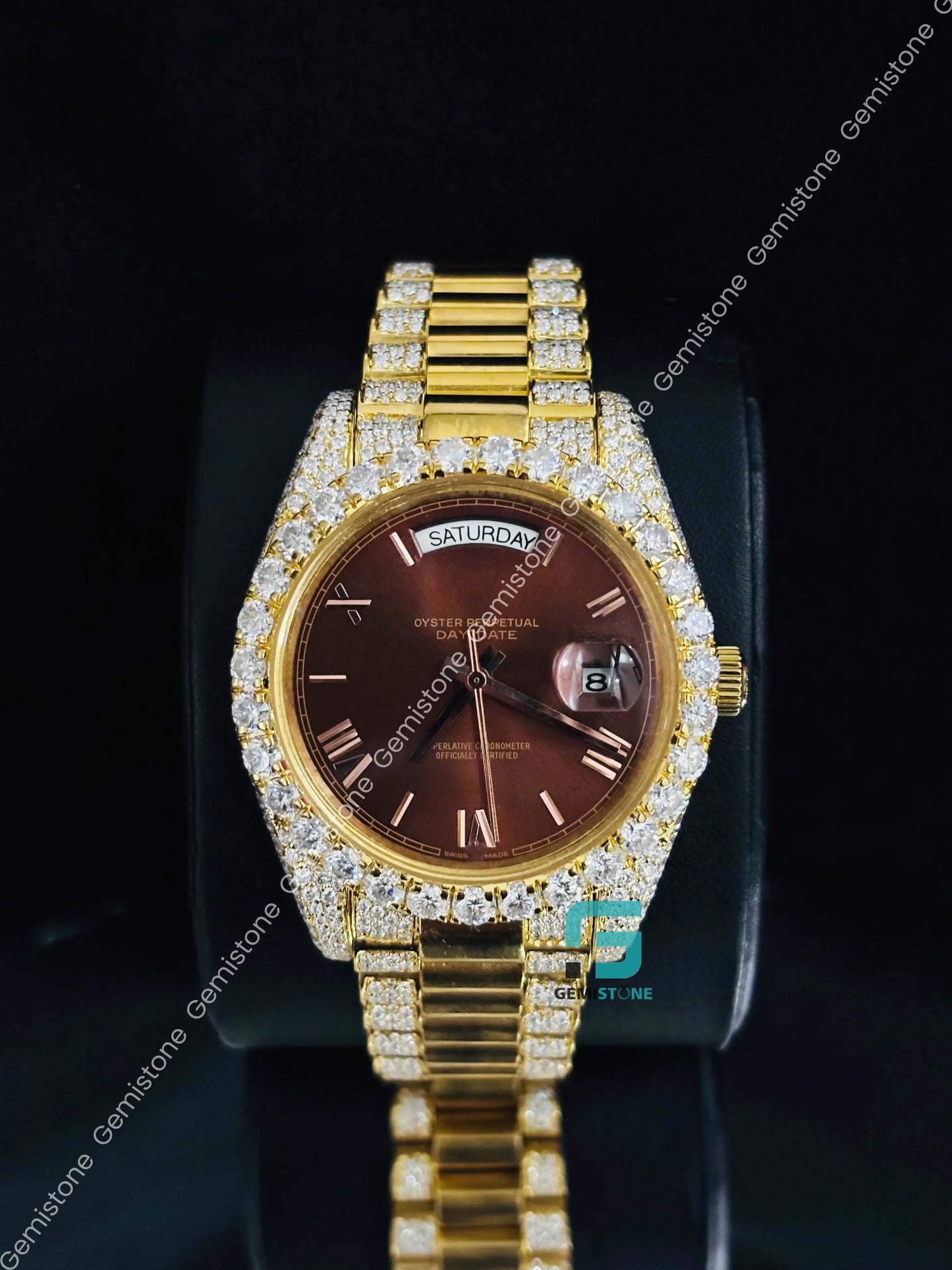 Day Date Moissanite Brown Dial Watch for Men