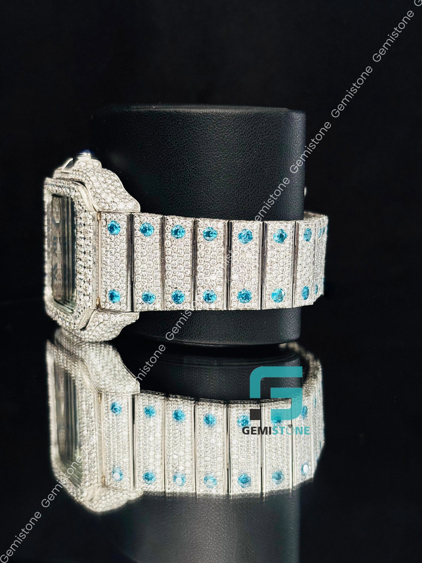 Day Date Sky Blue Roman Number Moissanite Watch