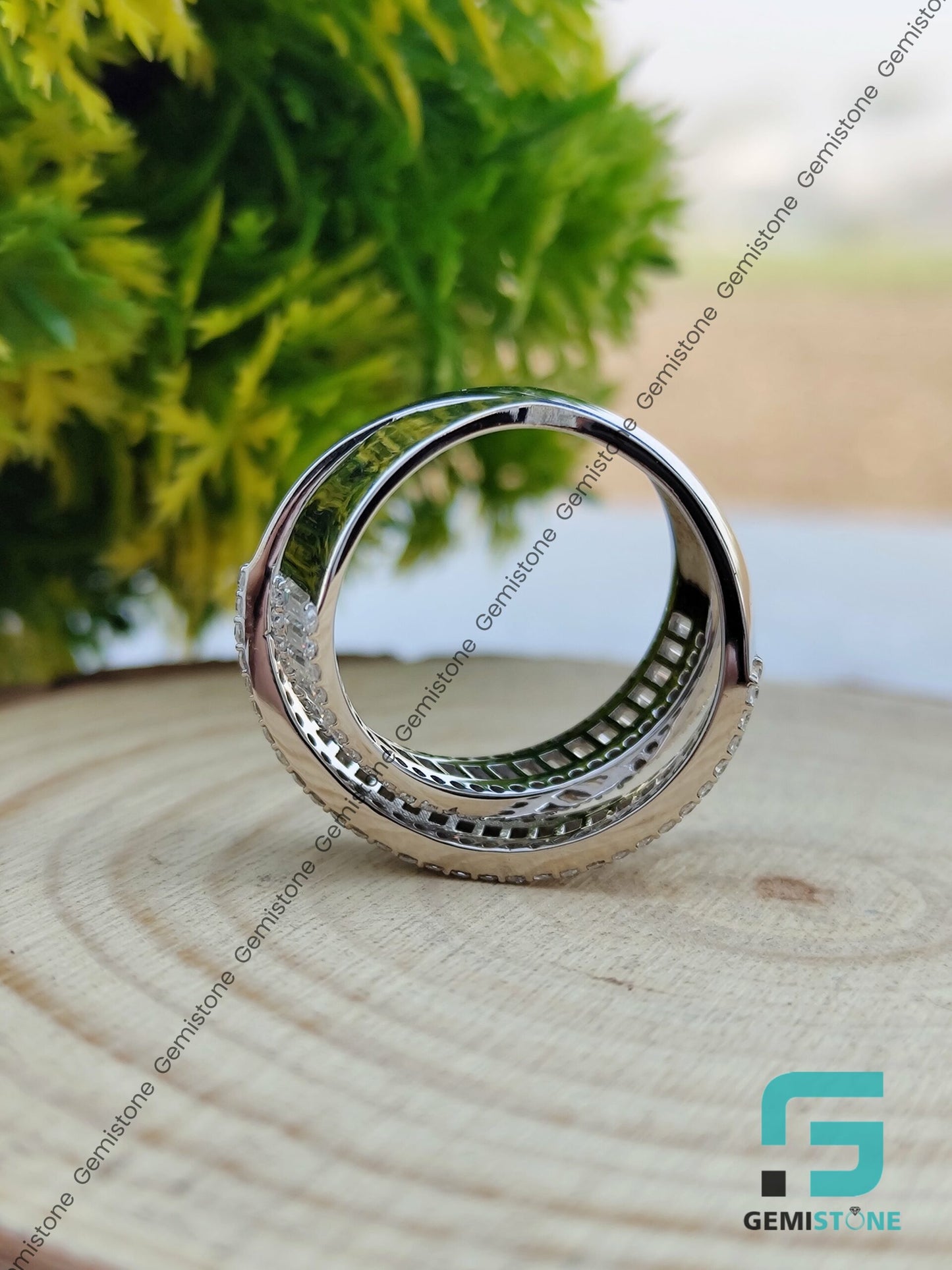 VVS Diamond Round and Baguette Crossover Ring | Criss Cross Diamond Wedding Band