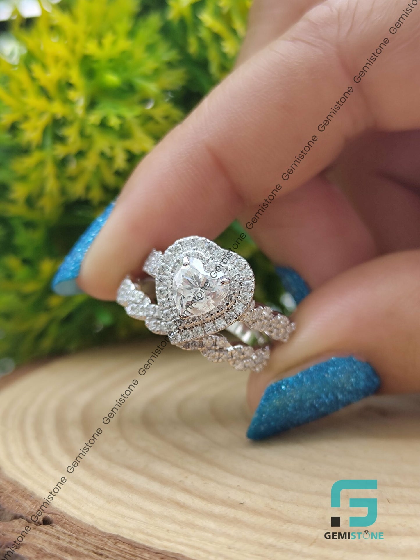 Vintage Style Infinity Band Moissanite Diamond Heart Shaped Bridal Set Wedding Ring