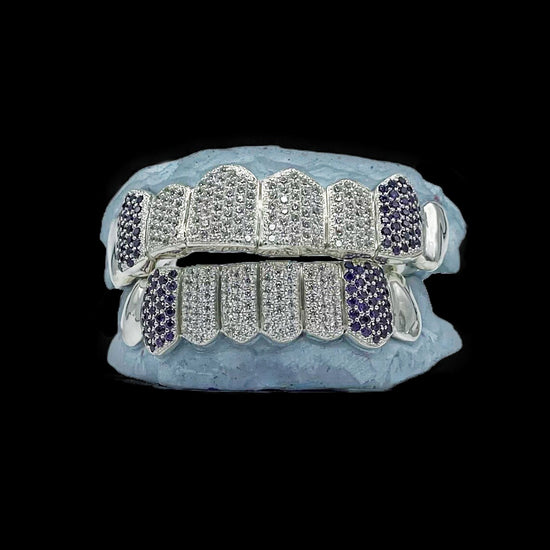 Unique 8 On 8 White & Purple Moissanite Honeycomb Diamond Grillz