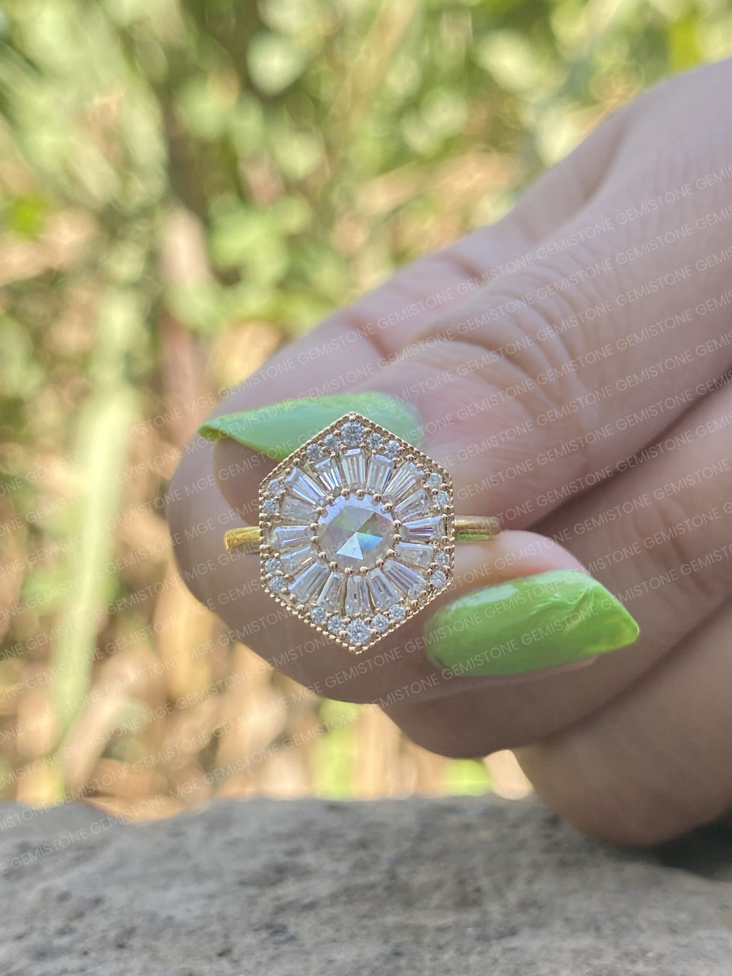 Hexagon Shape Round Rose Cut Moissanite Halo Vintage Engagement Ring