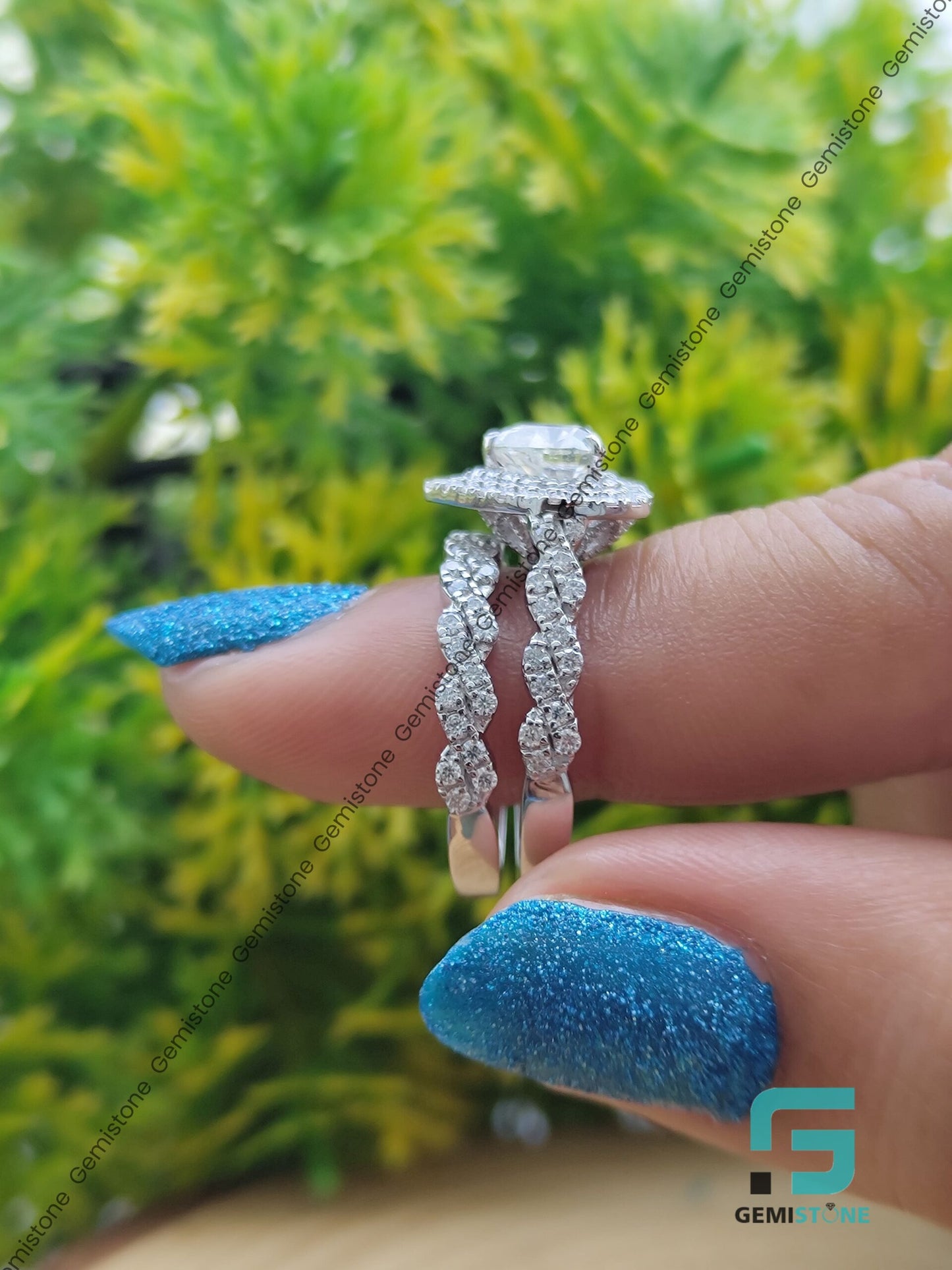 Vintage Style Infinity Band Moissanite Diamond Heart Shaped Bridal Set Wedding Ring