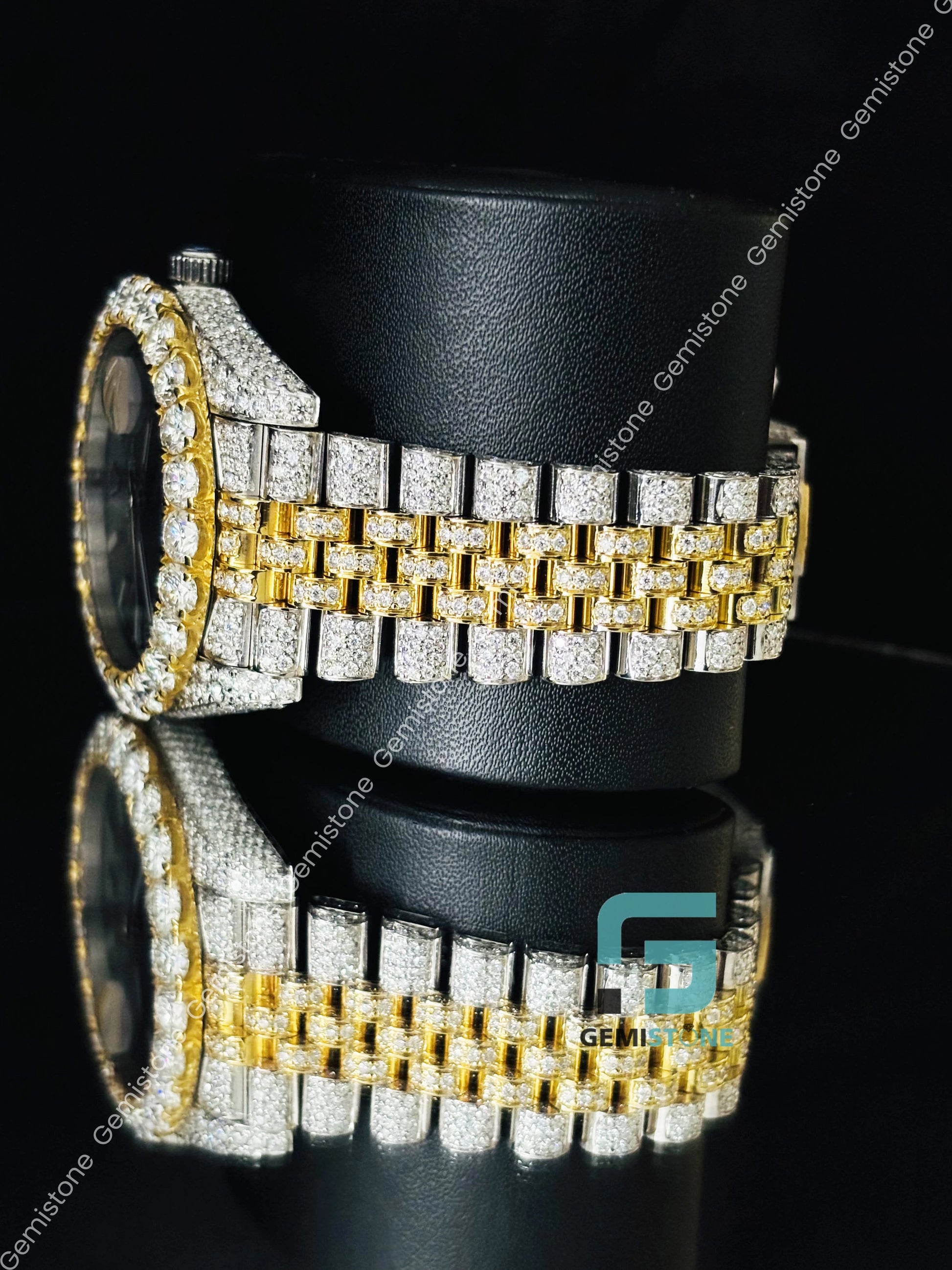 Dual Tone Moissanite Iced out Studded Jubilee Strap Watch