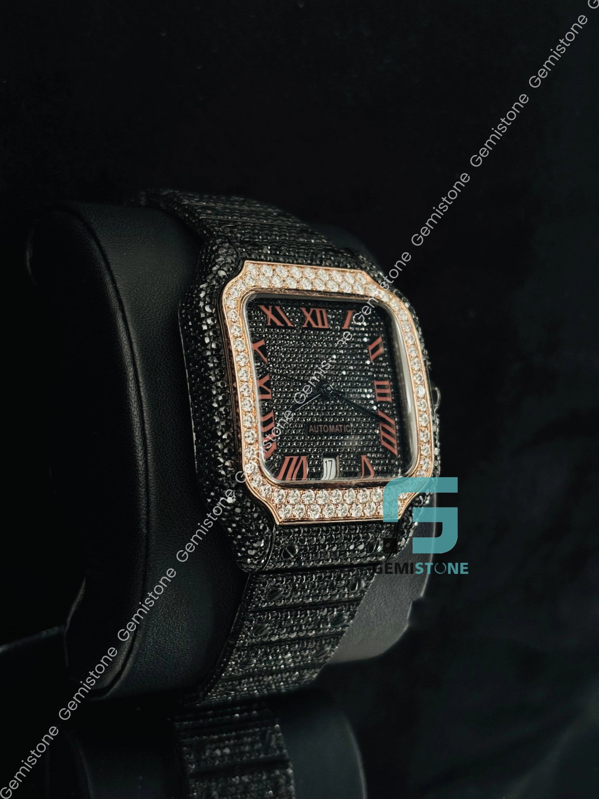 Dual Tone Moissanite Roman Number Black Diamond Watch