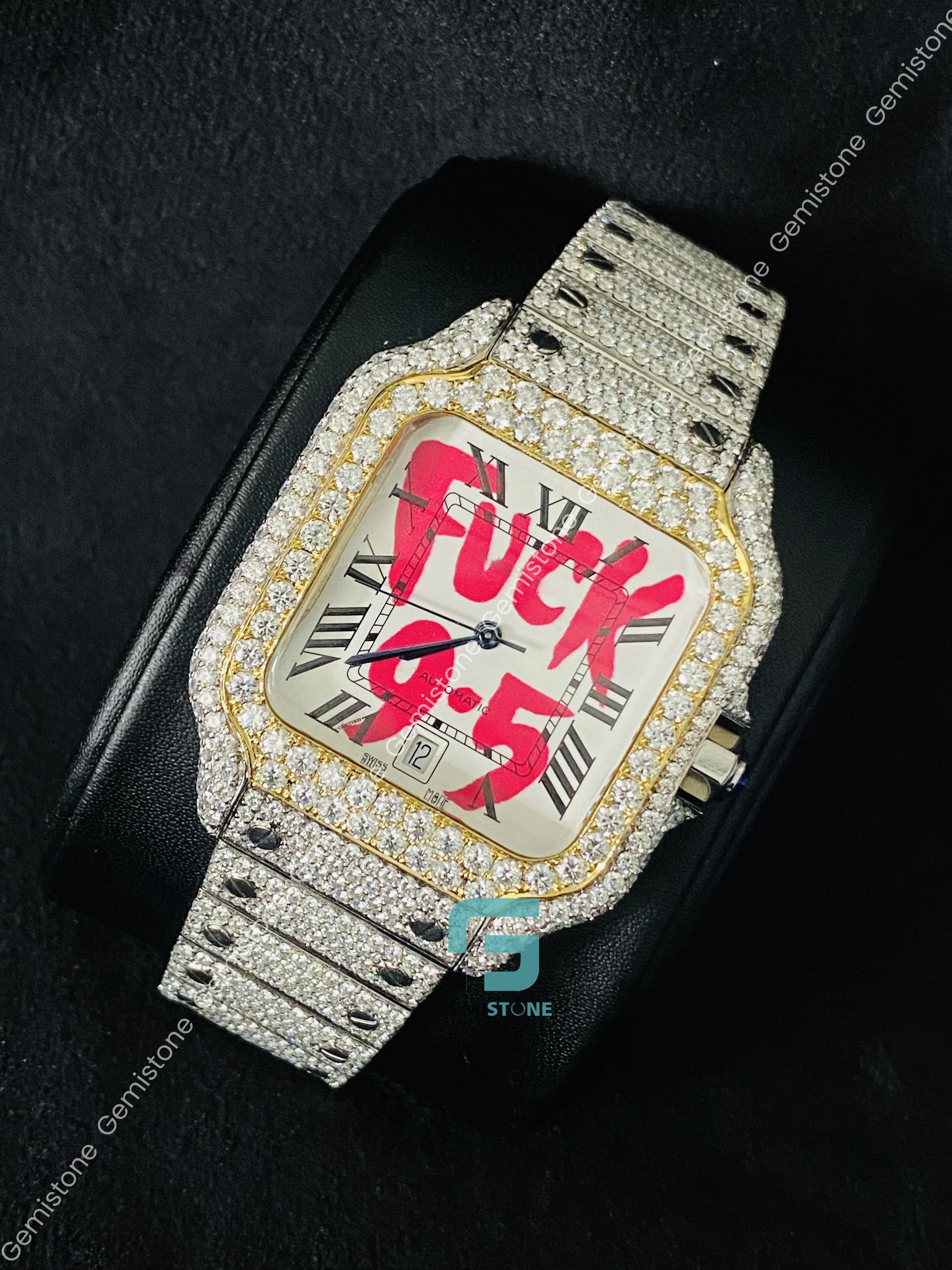 Dual Tone Moissanite Roman Number Cartier Watch for Men_s