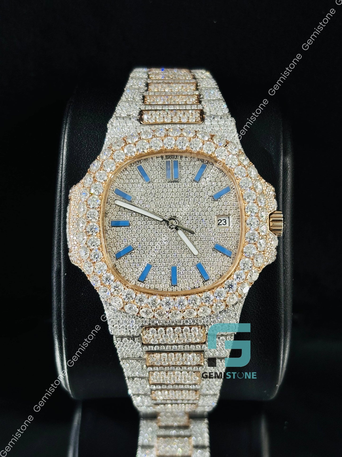 Dual Tone Moissanite Sky Blue Baguette Bar Watch