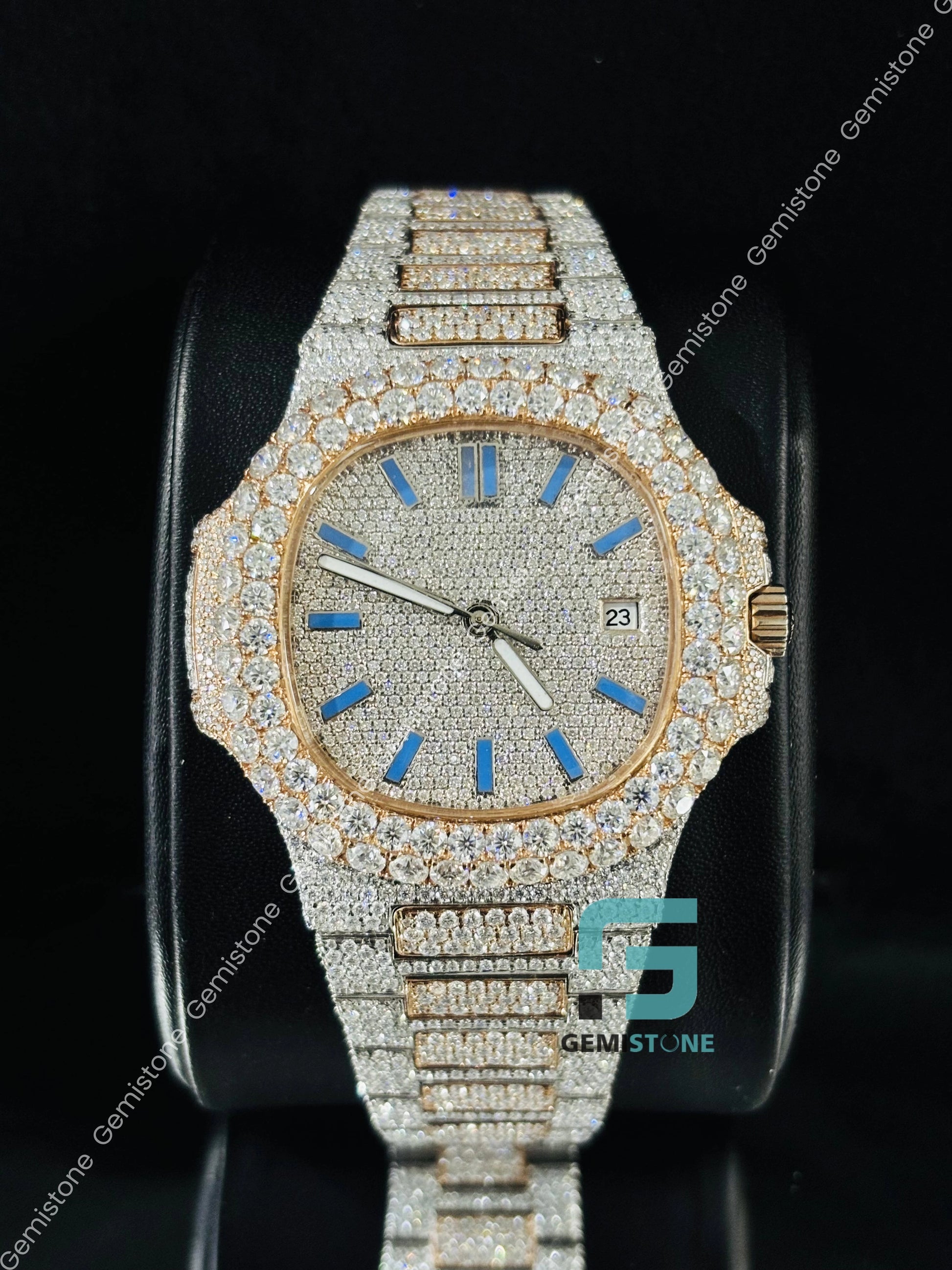 Dual Tone Moissanite Sky Blue Baguette Bar Watch