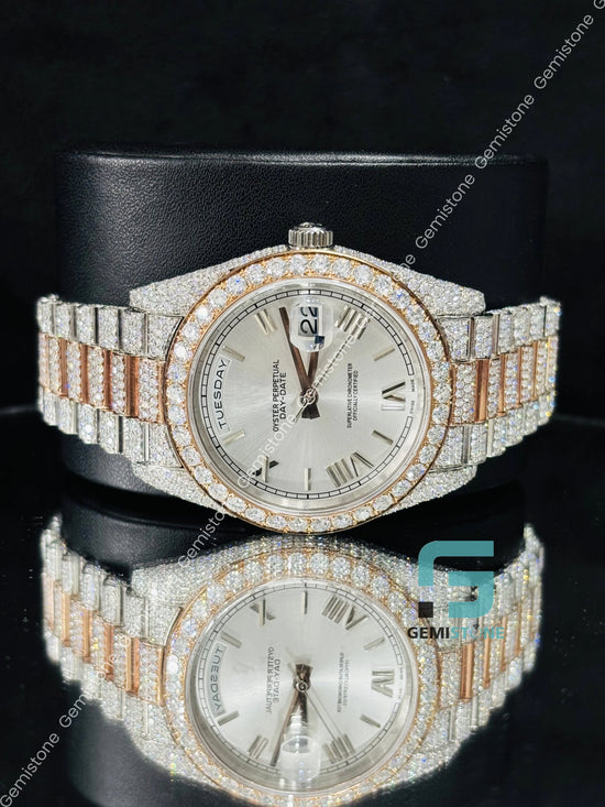 Dual Tone Roman Number White Dial Moissanite Automatic Watch