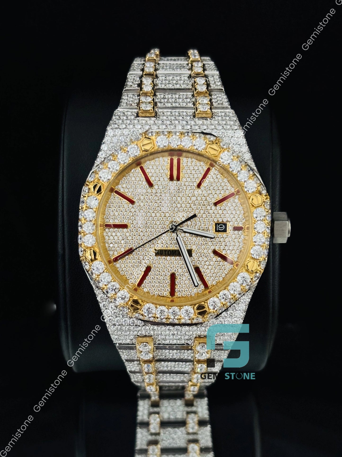 Dual tone Red Baguette Bar Moissanite Iced out Watch for Men