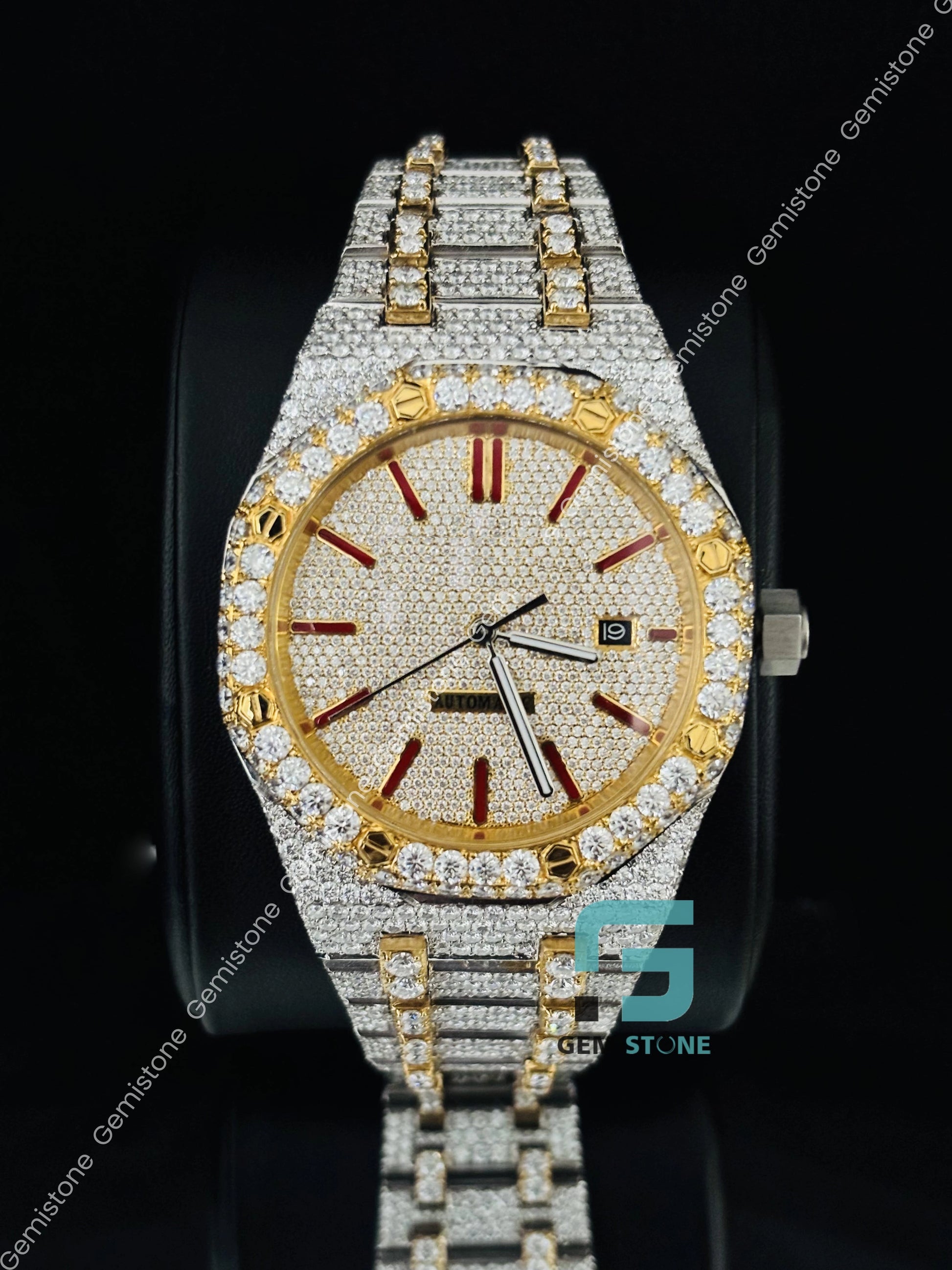 Dual tone Red Baguette Bar Moissanite Iced out Watch for Men