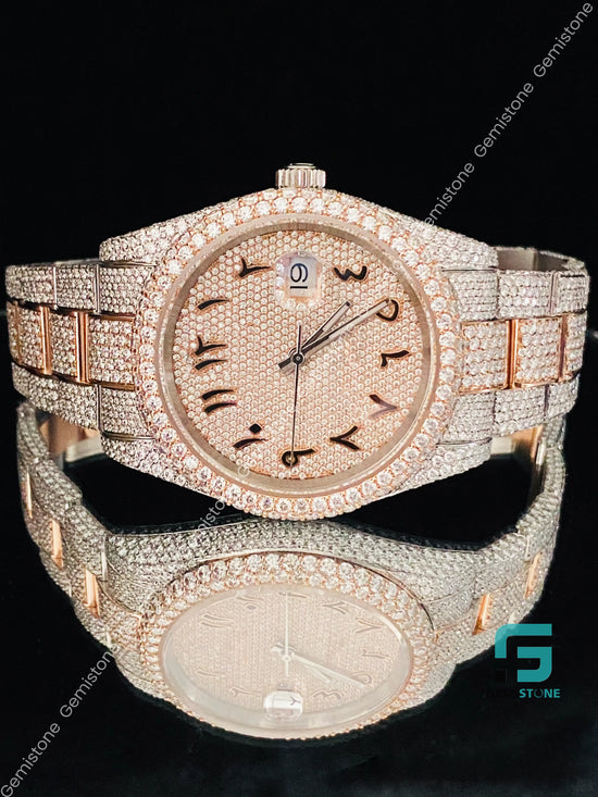 Men's Arabic Number Two Tone Fully Ice Moissanite Watch