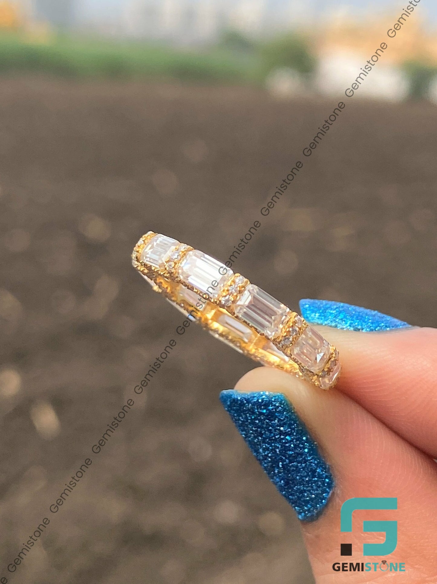 East West Moissanite Emerald Cut Diamond Band | Women's Wedding Band