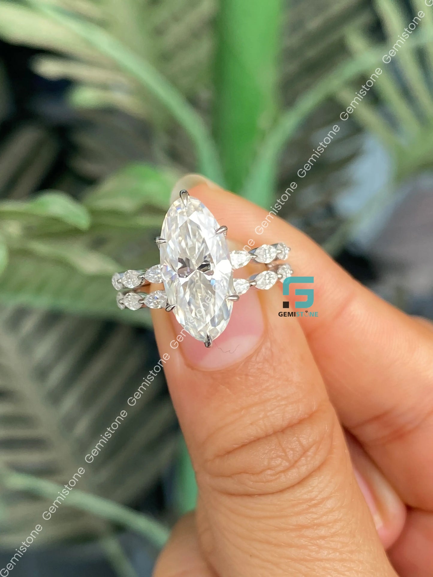 East West Moissanite Wedding Moval Bubble Band Ring 