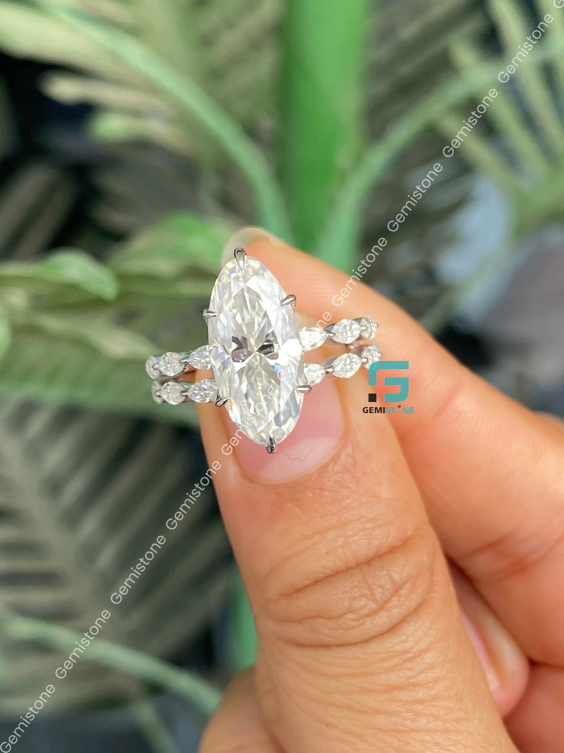 East West Moissanite Wedding Moval Bubble Band Ring 