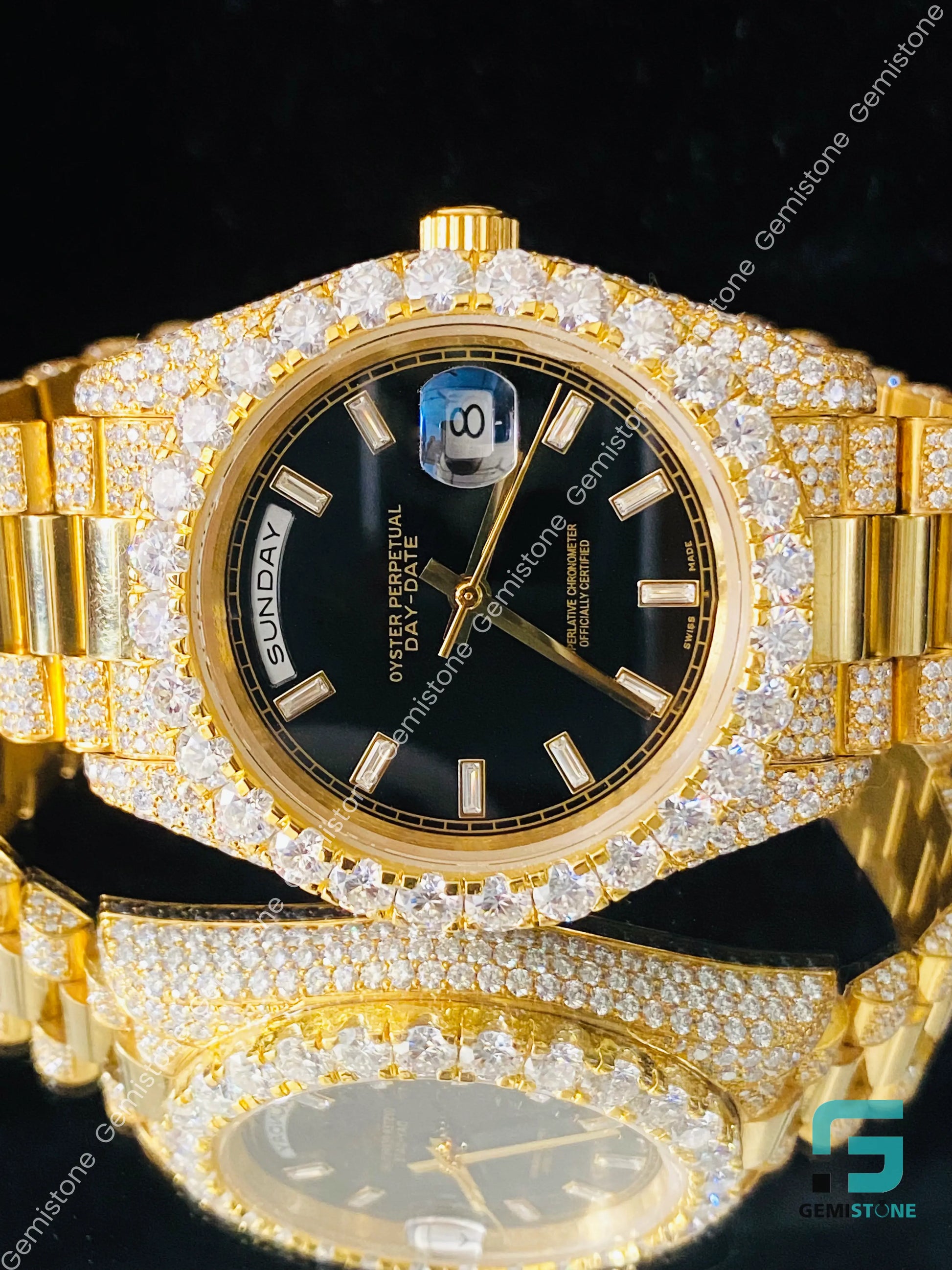 Elegan Black Dial Fully Yellow Gold Plated Moissanite Watch