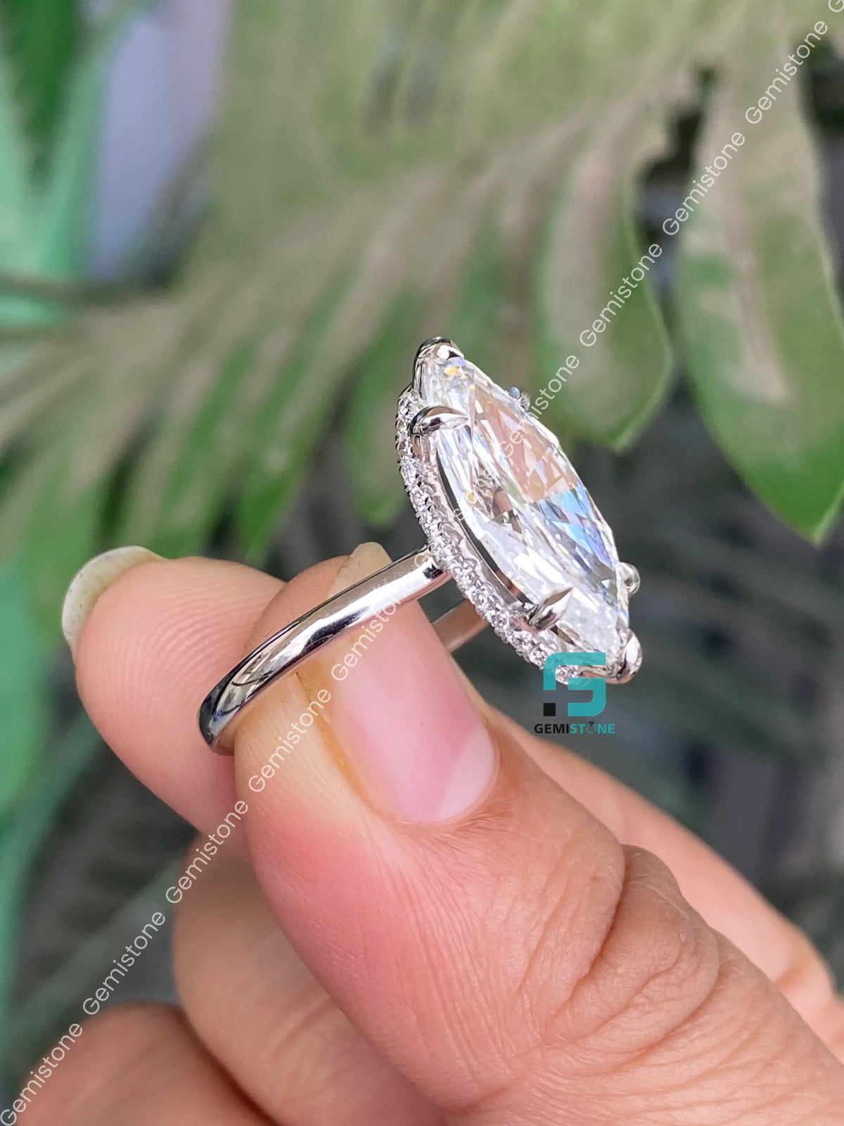 5CT Elongated Marquise Cut Hidden Halo Moissanite Engagement Ring