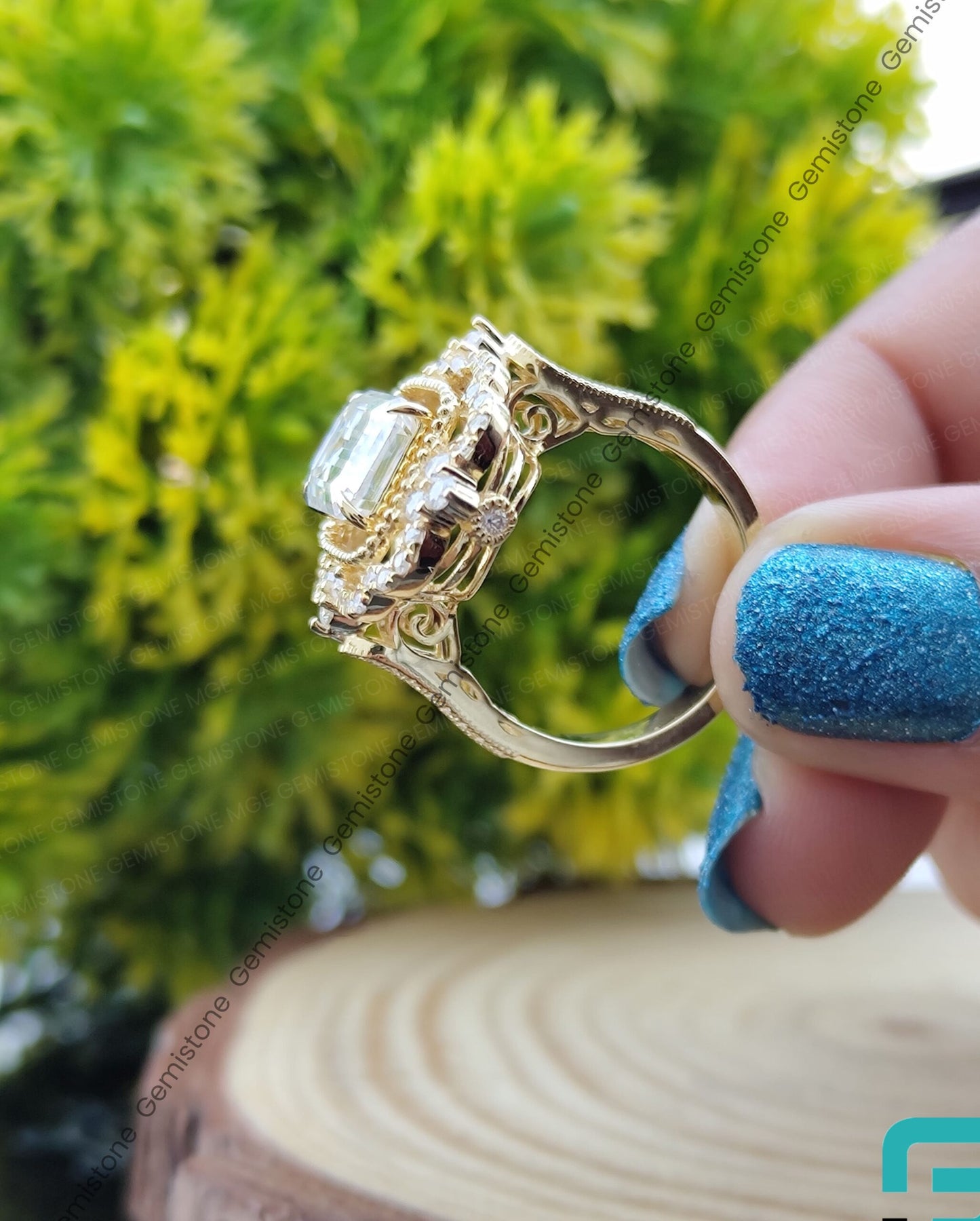 Vintage Style Emerald Cut Moissanite Engagement Ring